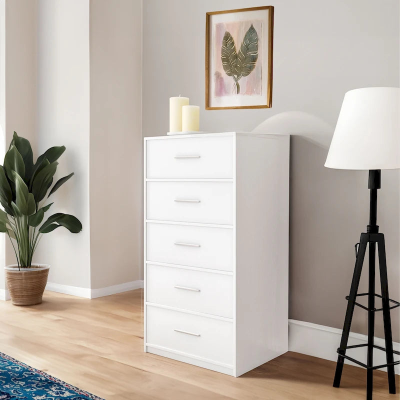 Moderner Stoffschrank mit 5 Schubladen und stabilem Holzrahmen