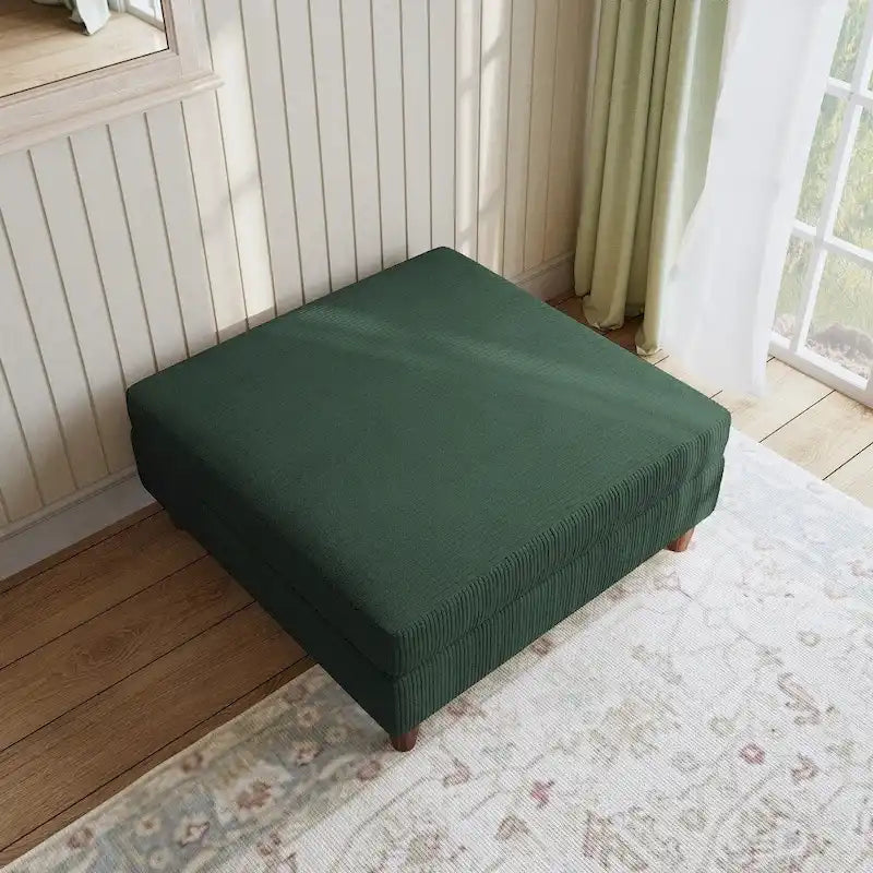 Moderner quadratischer, mit Cord bezogener Hocker mit Holzbein