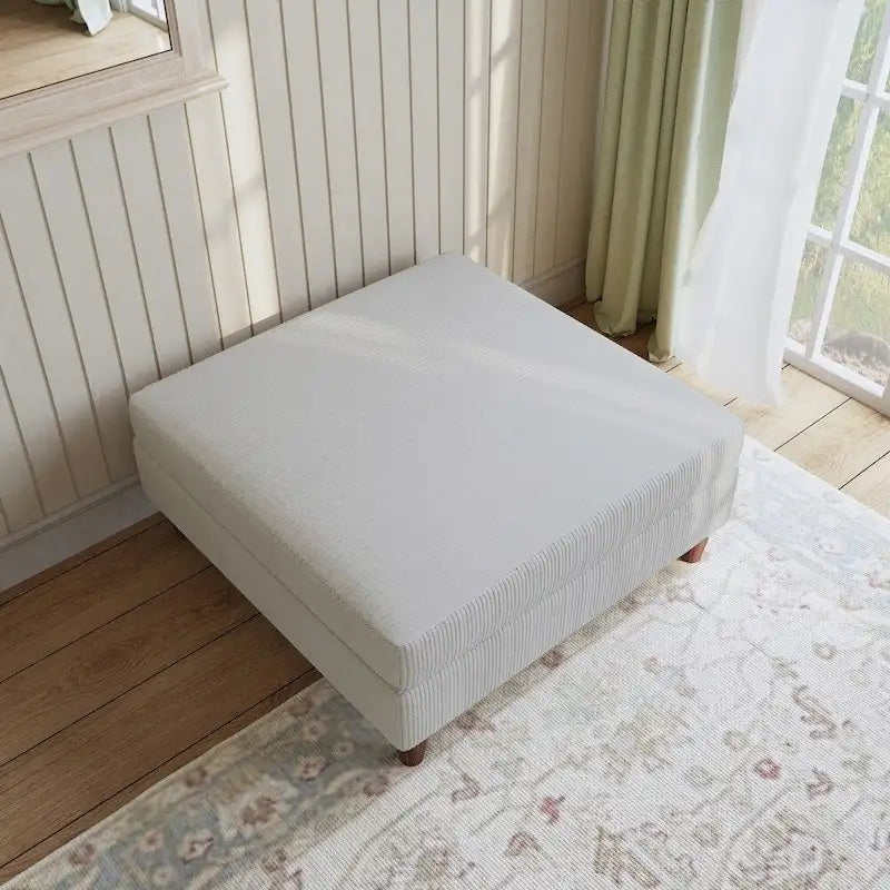 Moderner quadratischer, mit Cord bezogener Hocker mit Holzbein