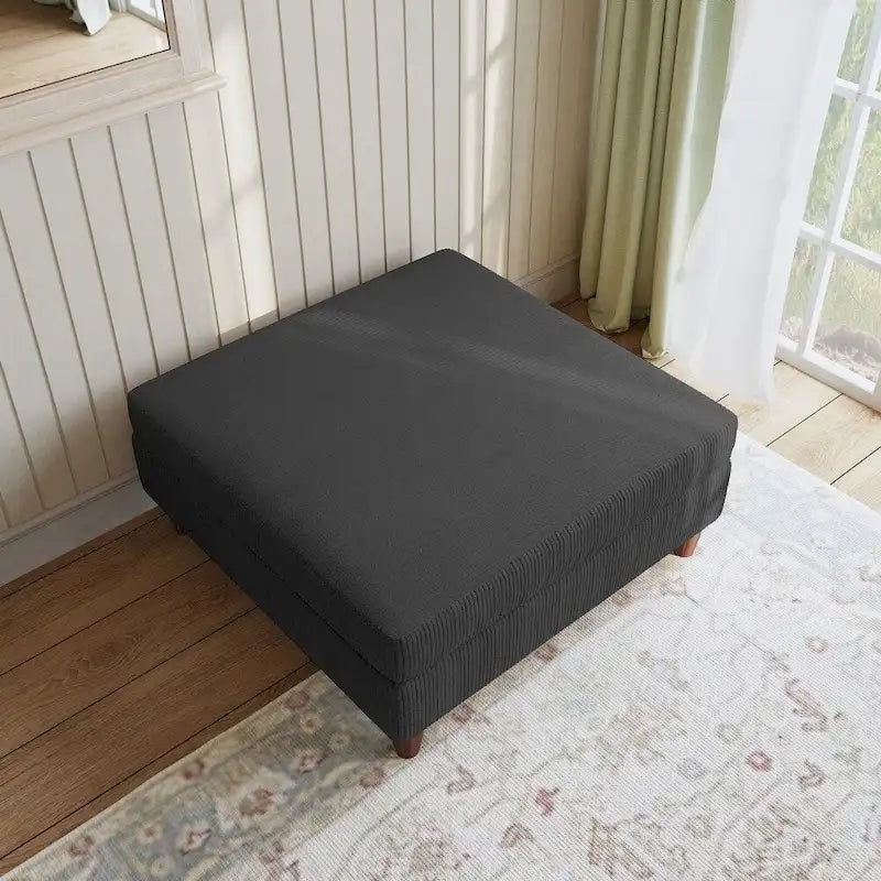 Moderner quadratischer, mit Cord bezogener Hocker mit Holzbein