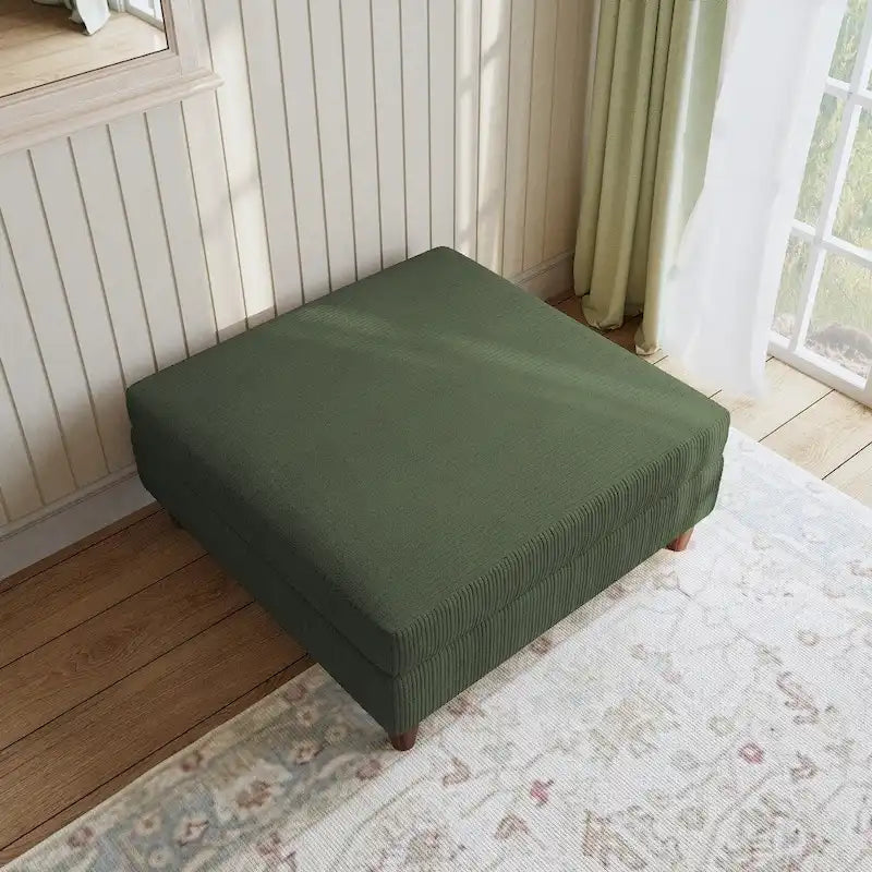 Moderner quadratischer, mit Cord bezogener Hocker mit Holzbein
