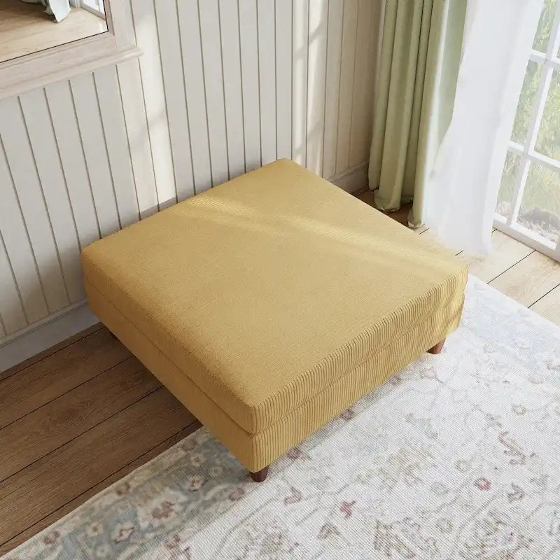 Moderner quadratischer, mit Cord bezogener Hocker mit Holzbein