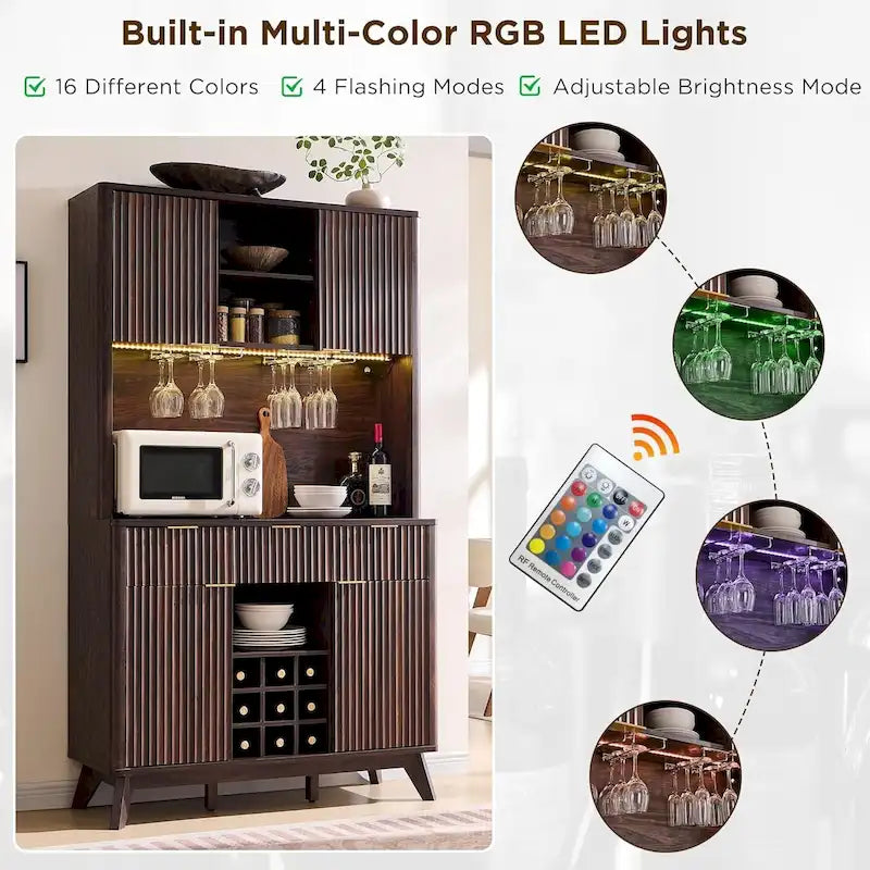 72 Wine Bar Cabinet, Modern Wood Coffee Bar Cabinet with LED Lights - N/A