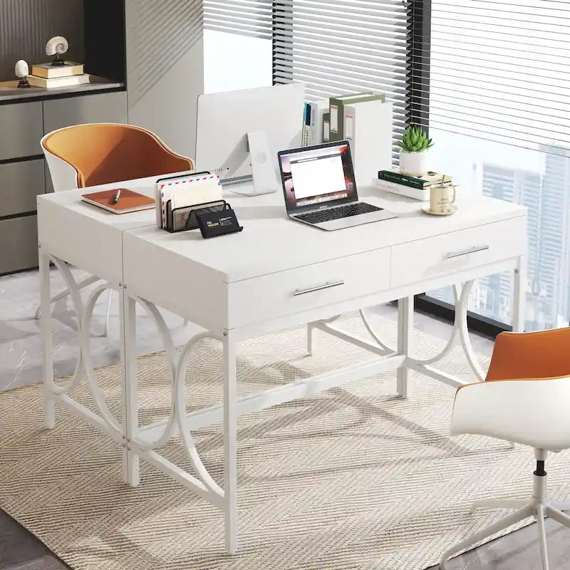 Modern Computer Writing Desk with 2 Drawers, White and Gold Home Office Desk, Makeup Vanity Table