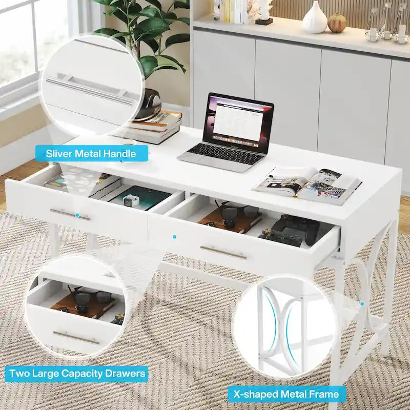 Modern Computer Writing Desk with 2 Drawers, White and Gold Home Office Desk, Makeup Vanity Table