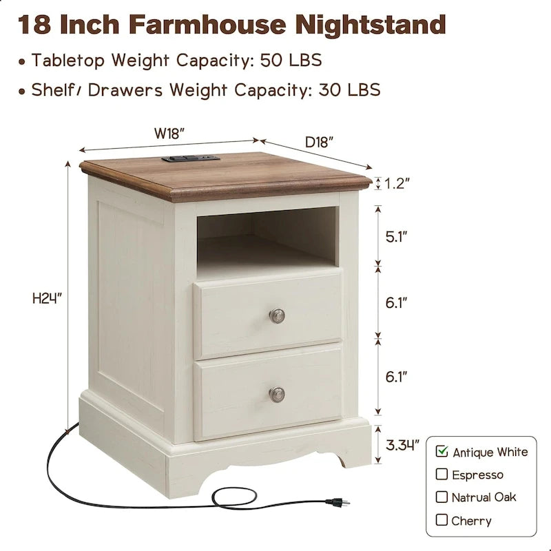 Vintage Wood Nightstand with Charging Station, End Table, Side Table