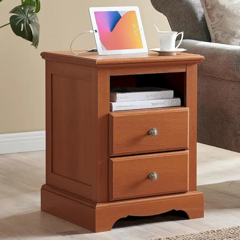 Vintage-Nachttisch aus Holz mit Ladestation, Beistelltisch