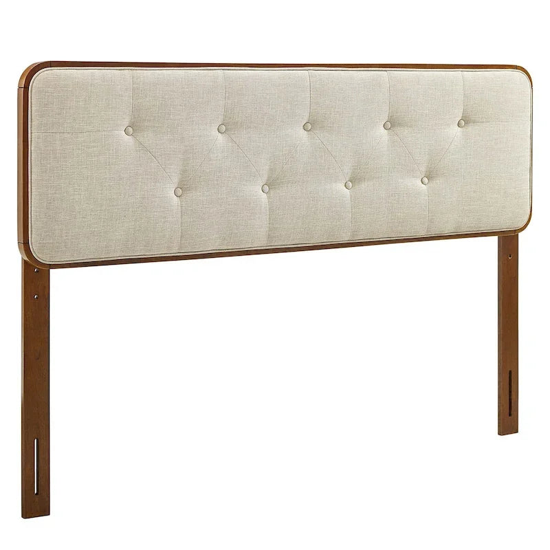 Traditional Beige Fabric Button Tufted Queen Size Walnut Wooden Headboard
