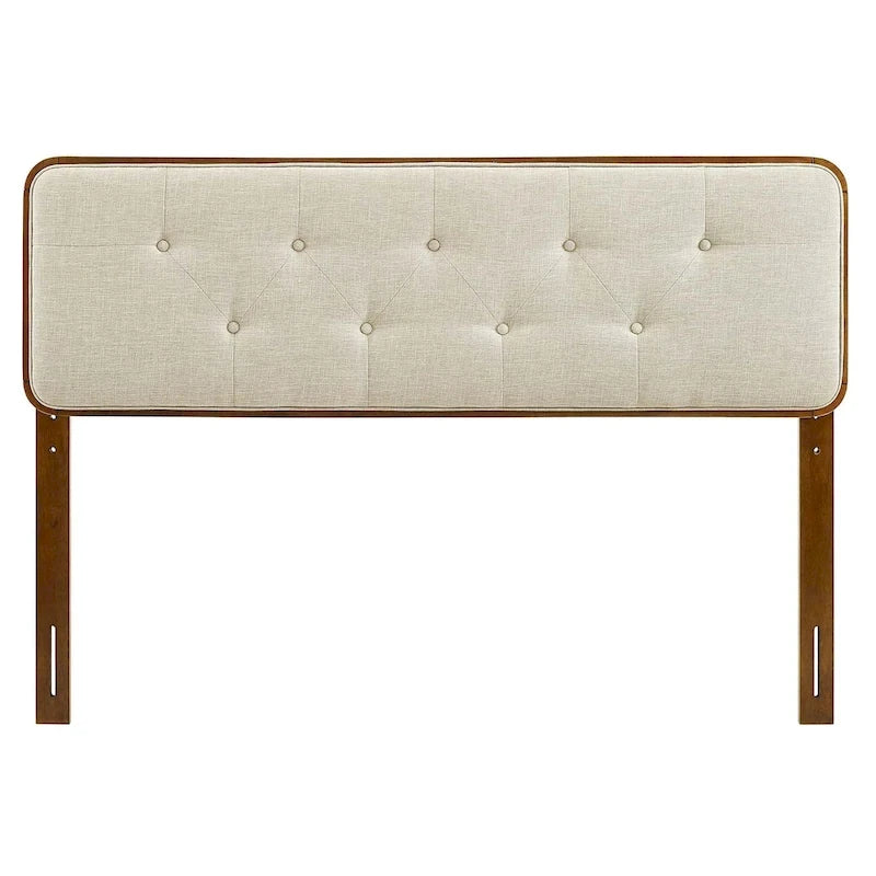 Traditional Beige Fabric Button Tufted Queen Size Walnut Wooden Headboard
