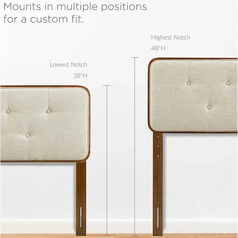 Traditional Beige Fabric Button Tufted Queen Size Walnut Wooden Headboard