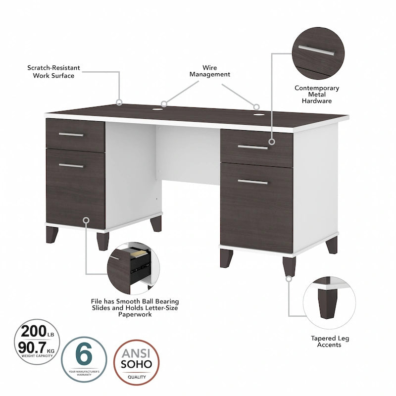 60W Office Computer Desk with Drawers