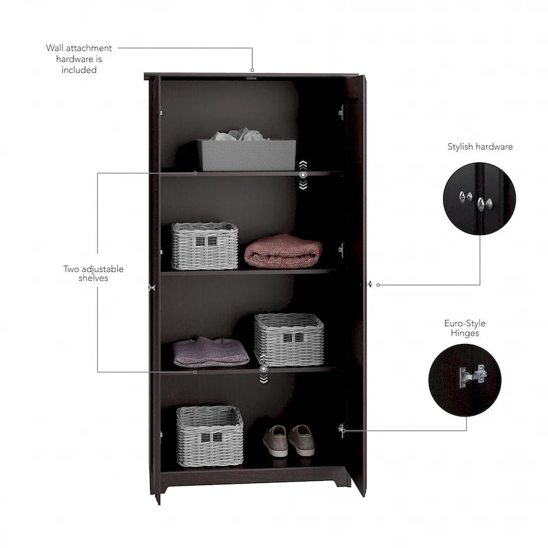 Espresso Oak Tall Storage Cabinet with Doors - 31.38L x 16.30W x 61.14H
