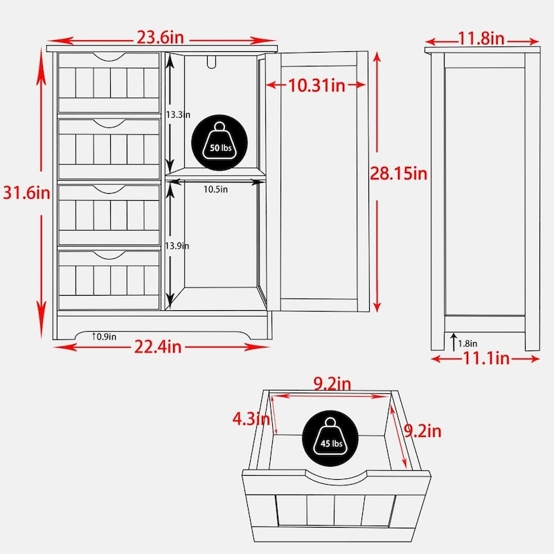 Bathroom Floor Storage Cabinet with 4 Drawers
