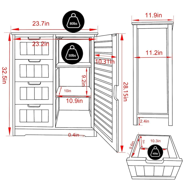 Bathroom Floor Storage Cabinet with 4 Drawers