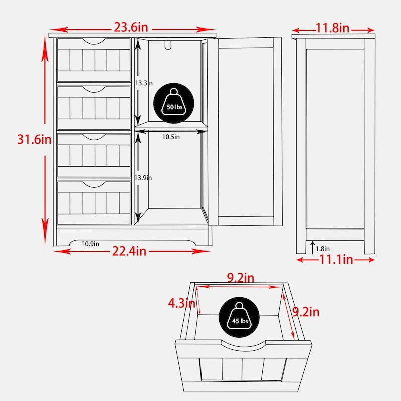 Bathroom Floor Storage Cabinet with 4 Drawers