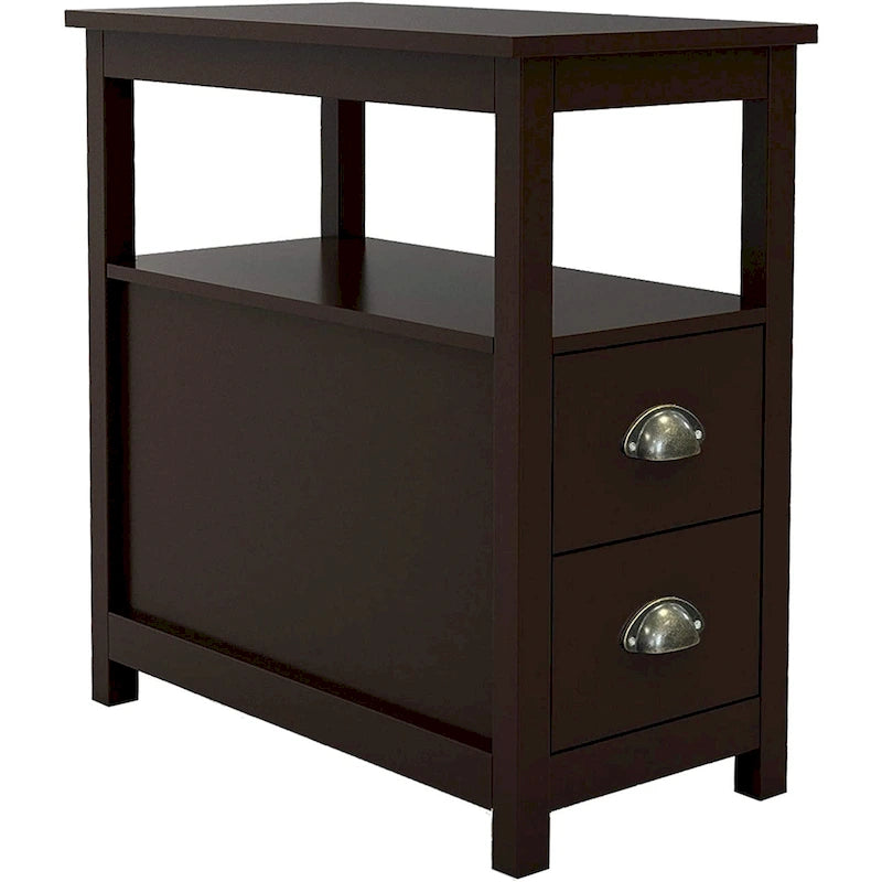 Side Table Living Room Narrow Rustic End Table Bedroom with 2 Drawers and 1 Open Shelf for Small Space - N/A