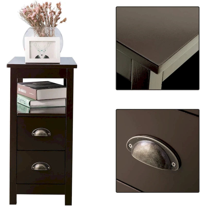 Side Table Living Room Narrow Rustic End Table Bedroom with 2 Drawers and 1 Open Shelf for Small Space - N/A
