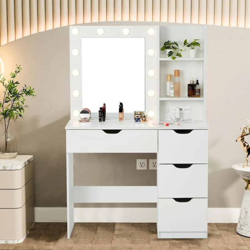 White Makeup Vanity Desk with Mirror and Lights - 15.2D x 35.4W x 55.1H