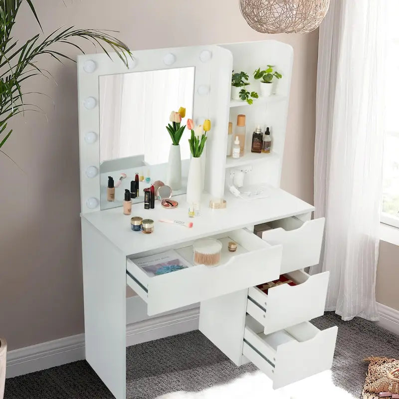 White Makeup Vanity Desk with Mirror and Lights - 15.2D x 35.4W x 55.1H