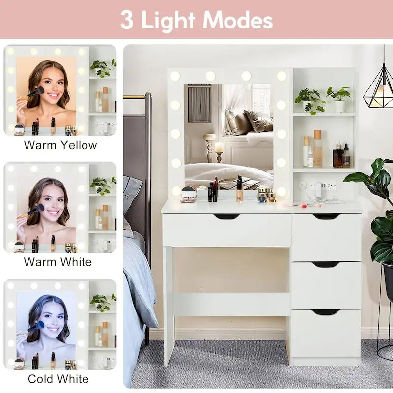 White Makeup Vanity Desk with Mirror and Lights - 15.2D x 35.4W x 55.1H
