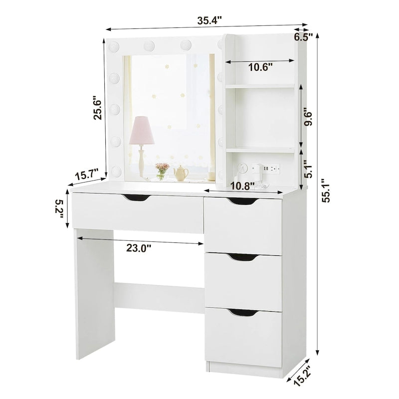 White Makeup Vanity Desk with Mirror and Lights - 15.2D x 35.4W x 55.1H
