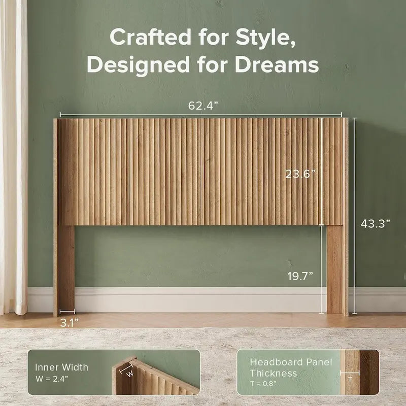 Headboard, 62.4 Wide Headboard Only, Wood Headboard, Modern Farmhouse, Boho, Wall Mount, Fluted Panel