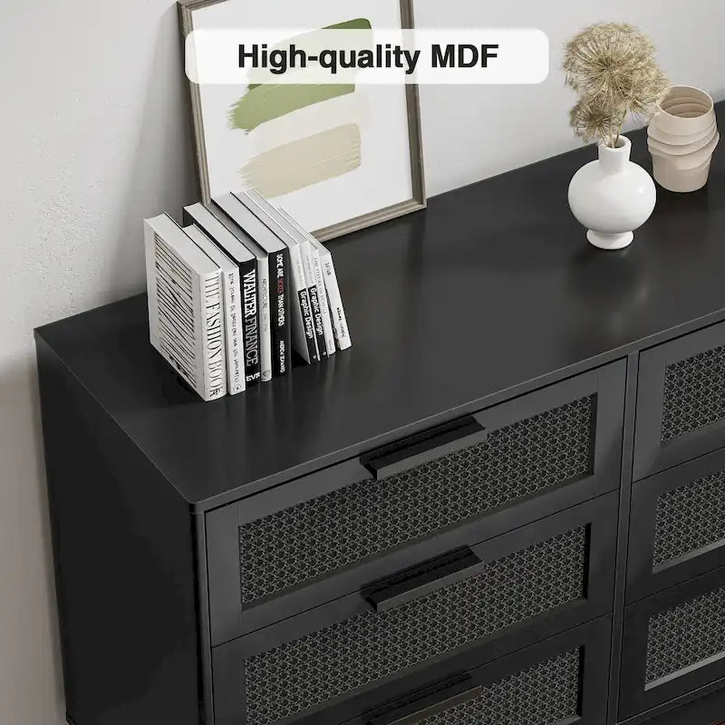 Modern Black 6-Drawer Double Dresser for Bedroom Wood Rattan Chest of Drawers