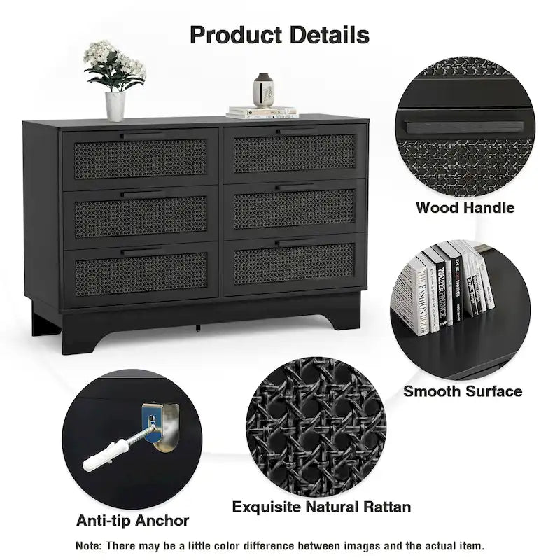 Modern Black 6-Drawer Double Dresser for Bedroom Wood Rattan Chest of Drawers