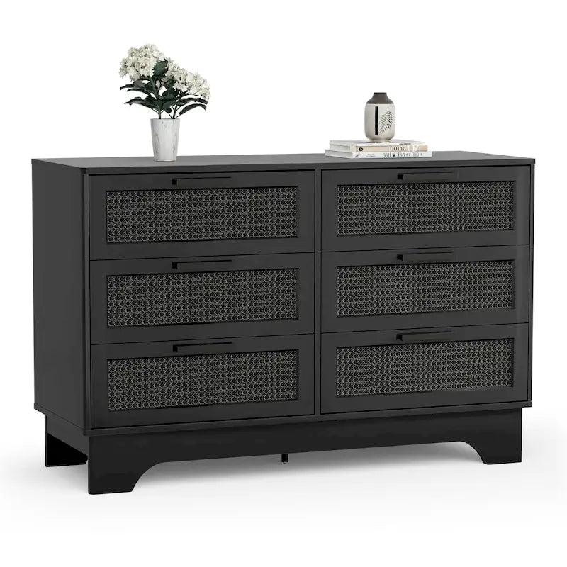 Modern Black 6-Drawer Double Dresser for Bedroom Wood Rattan Chest of Drawers