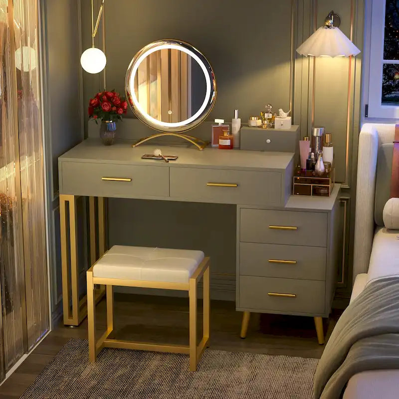 Makeup Vanity Desk with Stool and LED Mirror, Modern Makeup Table Vanity Desk with 6 Storage Drawers