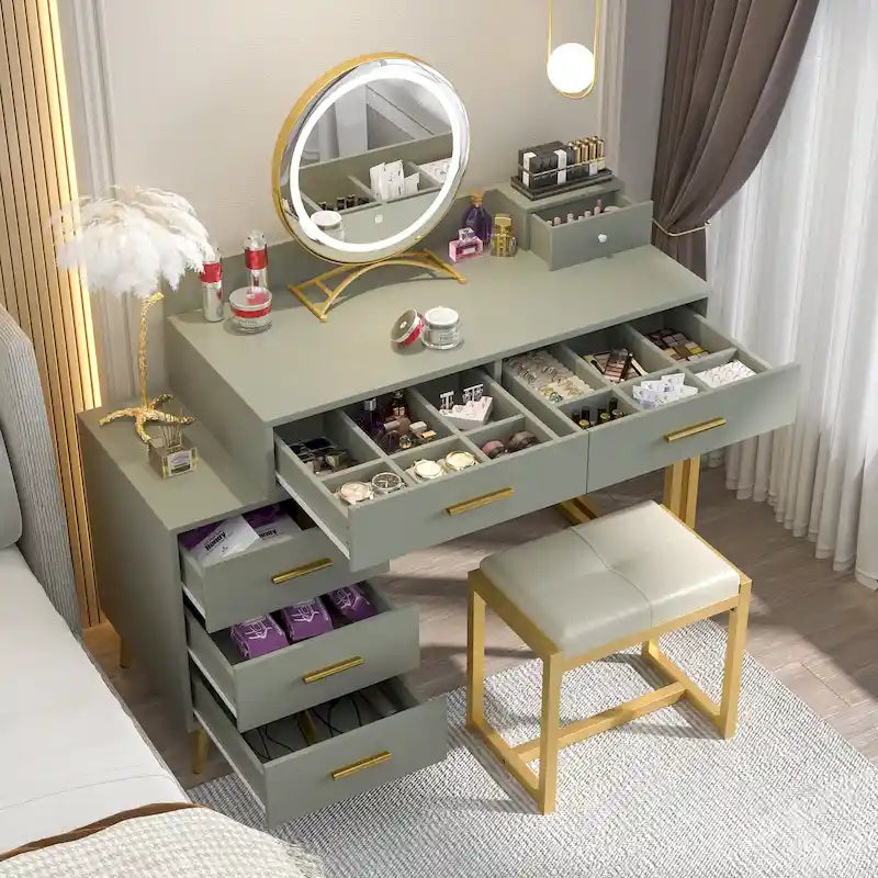 Makeup Vanity Desk with Stool and LED Mirror, Modern Makeup Table Vanity Desk with 6 Storage Drawers