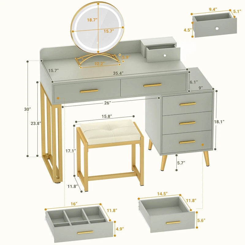 Makeup Vanity Desk with Stool and LED Mirror, Modern Makeup Table Vanity Desk with 6 Storage Drawers