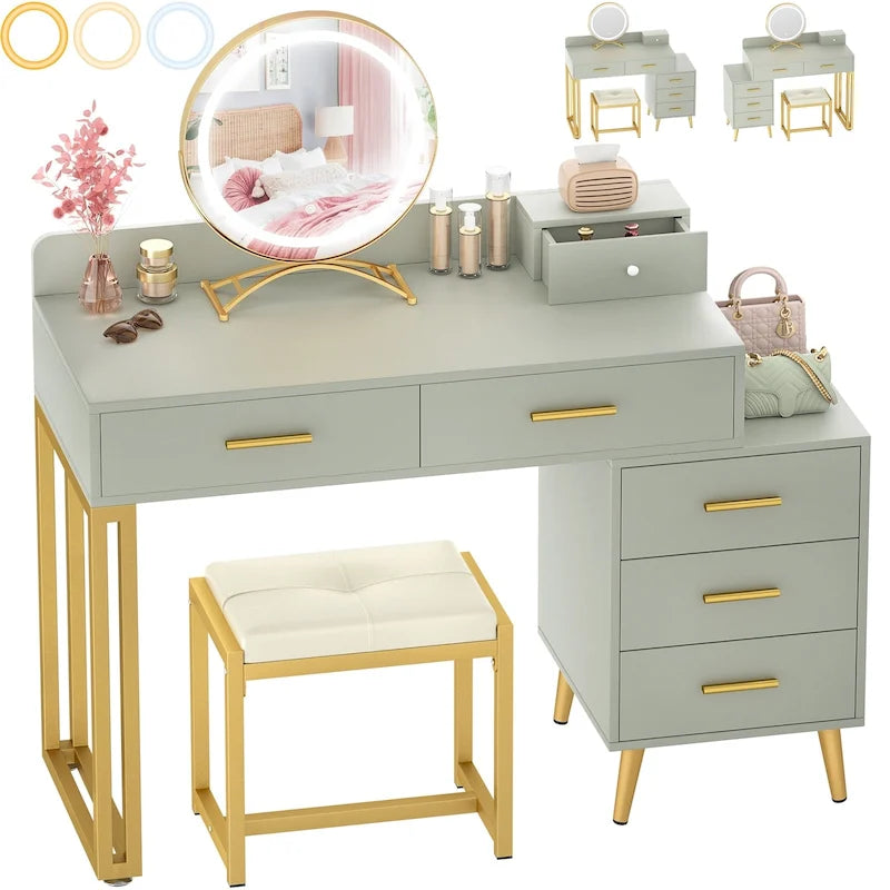 Makeup Vanity Desk with Stool and LED Mirror, Modern Makeup Table Vanity Desk with 6 Storage Drawers