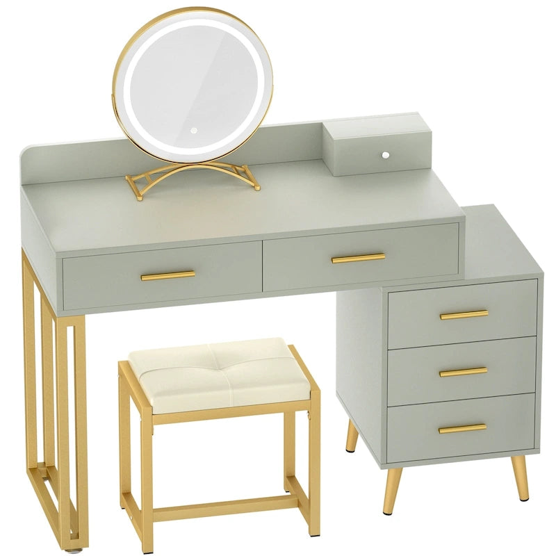 Makeup Vanity Desk with Stool and LED Mirror, Modern Makeup Table Vanity Desk with 6 Storage Drawers