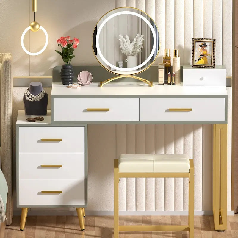 Makeup Vanity Desk with Stool and LED Mirror, Modern Makeup Table Vanity Desk with 6 Storage Drawers