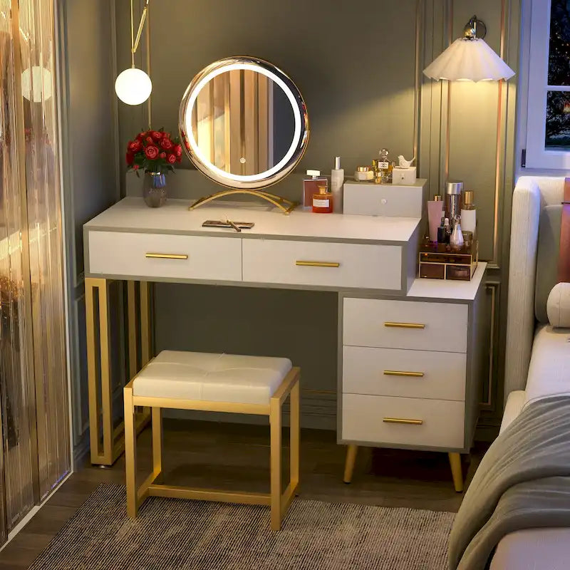 Makeup Vanity Desk with Stool and LED Mirror, Modern Makeup Table Vanity Desk with 6 Storage Drawers