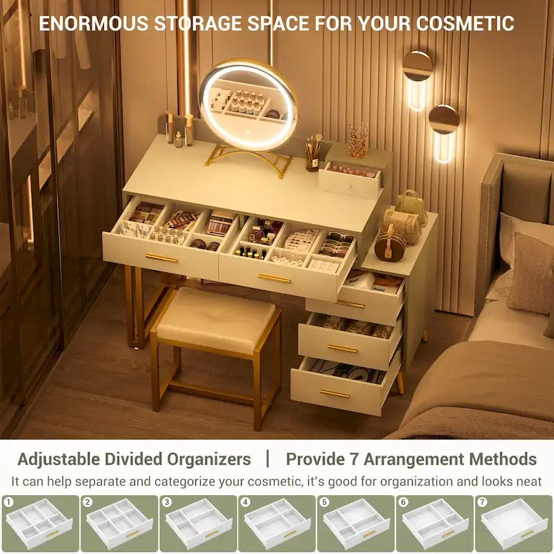 Makeup Vanity Desk with Stool and LED Mirror, Modern Makeup Table Vanity Desk with 6 Storage Drawers