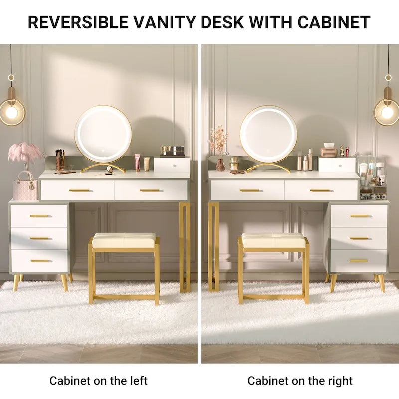 Makeup Vanity Desk with Stool and LED Mirror, Modern Makeup Table Vanity Desk with 6 Storage Drawers