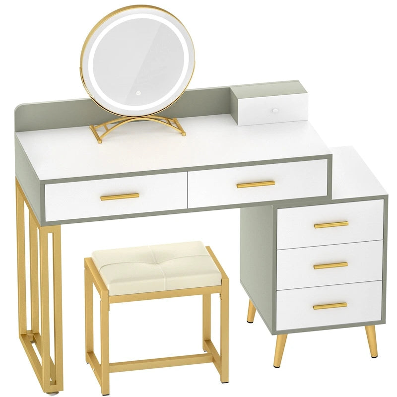 Makeup Vanity Desk with Stool and LED Mirror, Modern Makeup Table Vanity Desk with 6 Storage Drawers