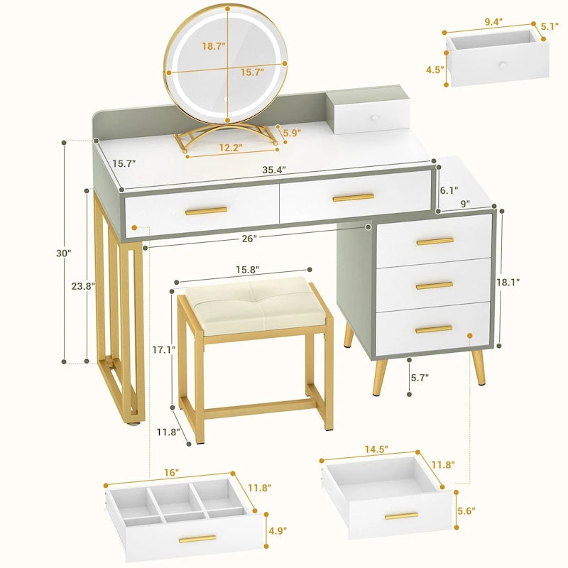 Makeup Vanity Desk with Stool and LED Mirror, Modern Makeup Table Vanity Desk with 6 Storage Drawers