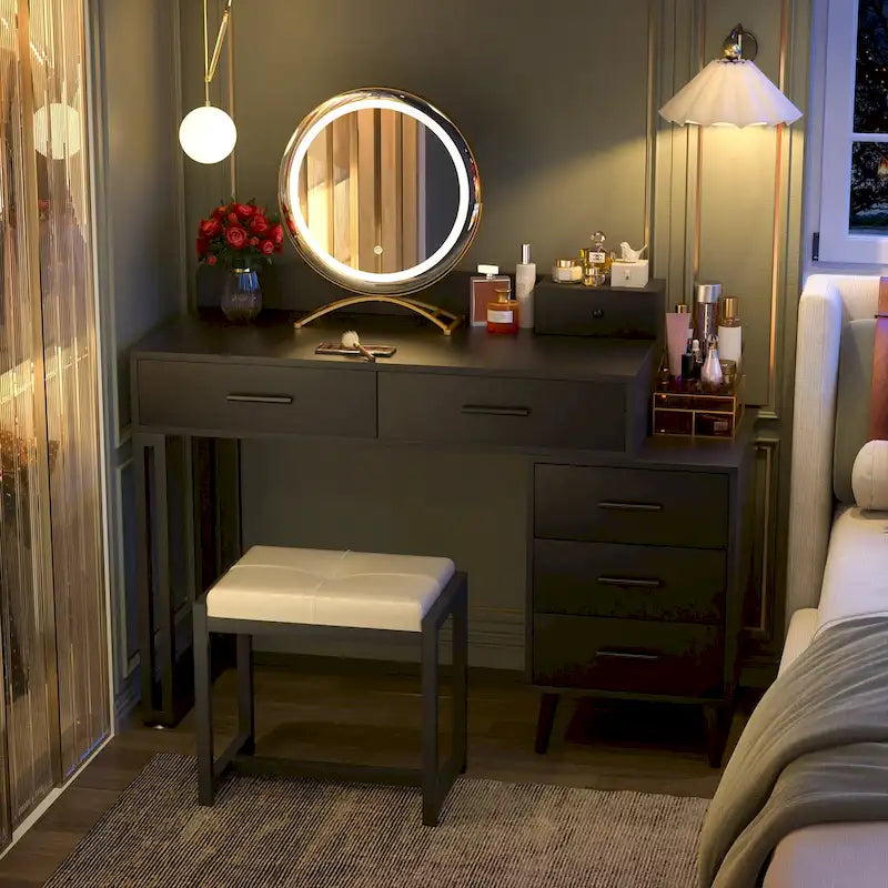 Makeup Vanity Desk with Stool and LED Mirror, Modern Makeup Table Vanity Desk with 6 Storage Drawers
