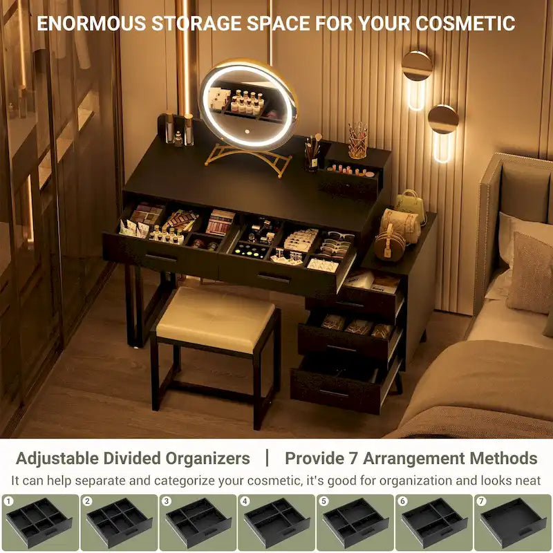 Makeup Vanity Desk with Stool and LED Mirror, Modern Makeup Table Vanity Desk with 6 Storage Drawers