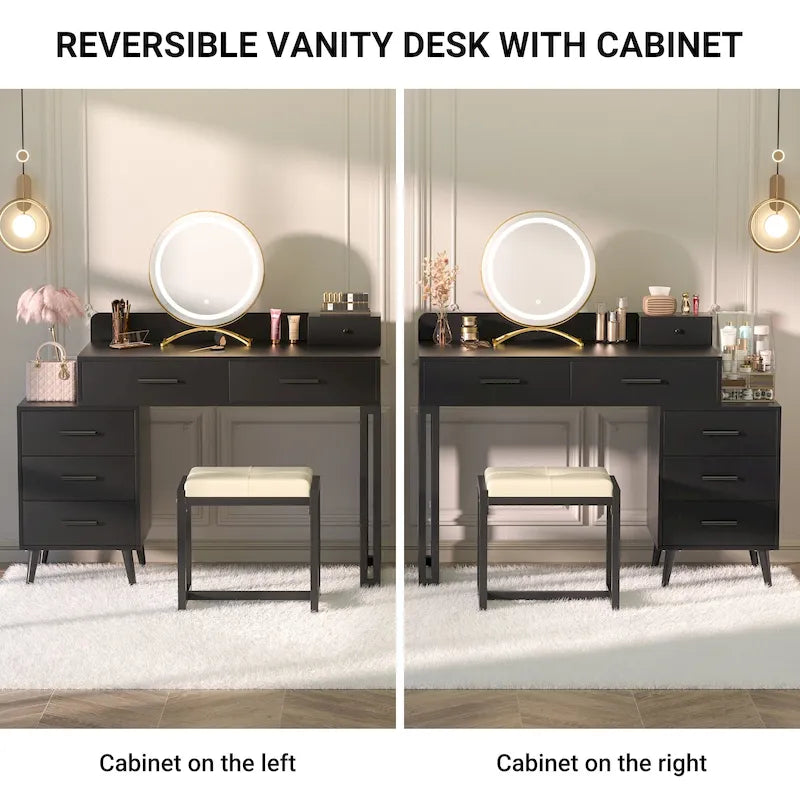 Makeup Vanity Desk with Stool and LED Mirror, Modern Makeup Table Vanity Desk with 6 Storage Drawers