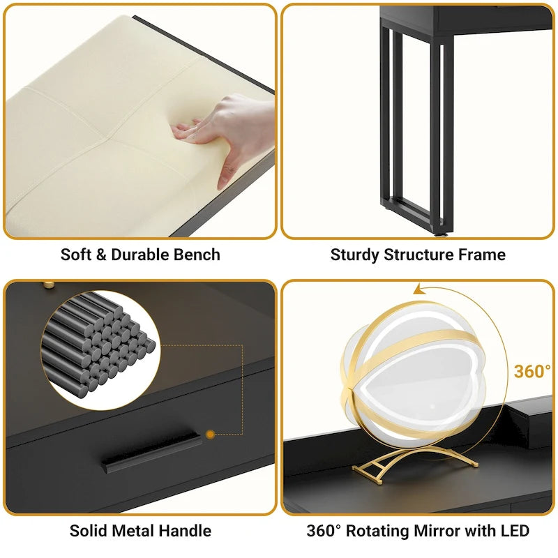 Makeup Vanity Desk with Stool and LED Mirror, Modern Makeup Table Vanity Desk with 6 Storage Drawers