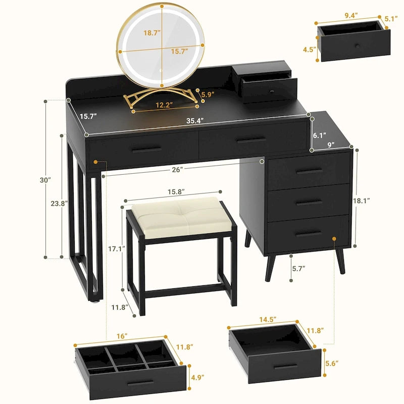 Makeup Vanity Desk with Stool and LED Mirror, Modern Makeup Table Vanity Desk with 6 Storage Drawers