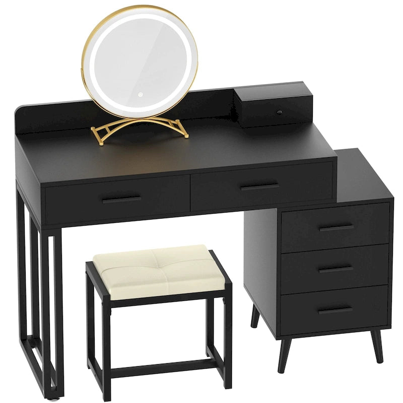 Makeup Vanity Desk with Stool and LED Mirror, Modern Makeup Table Vanity Desk with 6 Storage Drawers
