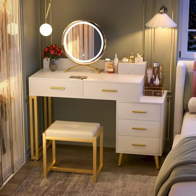 Makeup Vanity Desk with Stool and LED Mirror, Modern Makeup Table Vanity Desk with 6 Storage Drawers