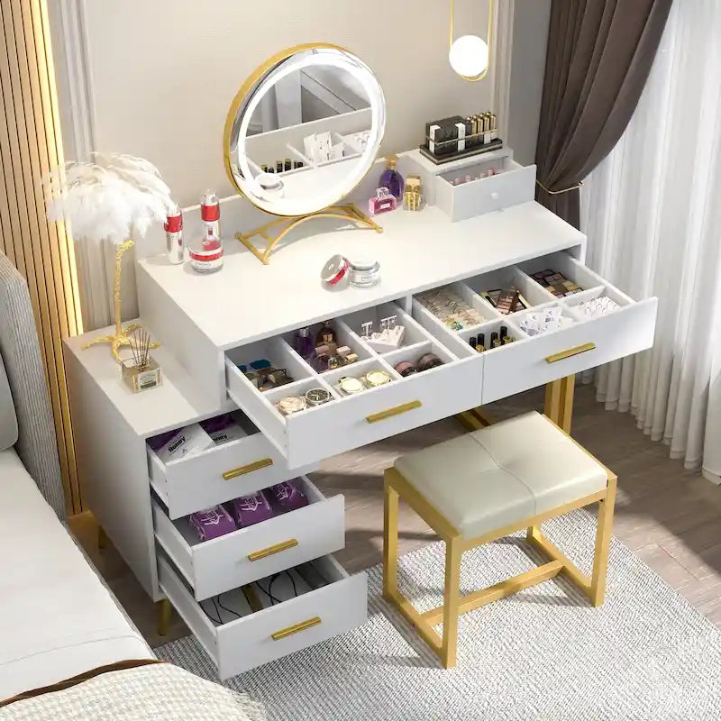 Makeup Vanity Desk with Stool and LED Mirror, Modern Makeup Table Vanity Desk with 6 Storage Drawers