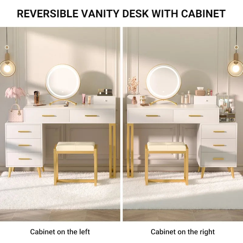 Makeup Vanity Desk with Stool and LED Mirror, Modern Makeup Table Vanity Desk with 6 Storage Drawers