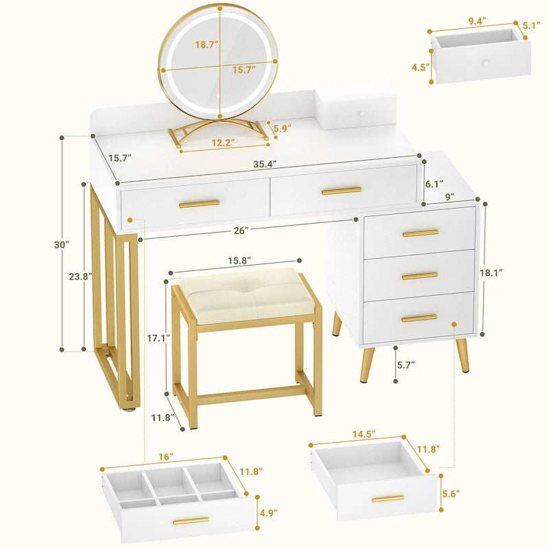 Makeup Vanity Desk with Stool and LED Mirror, Modern Makeup Table Vanity Desk with 6 Storage Drawers